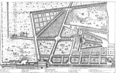 Villa Montalto mit Gärten in Rom von Papst Sixtus V. im 16. Jahrhundert; Quelle: Marie Luise Gotheim: Geschichte der Gartenkunst, Bd. 1, Jena 1926
